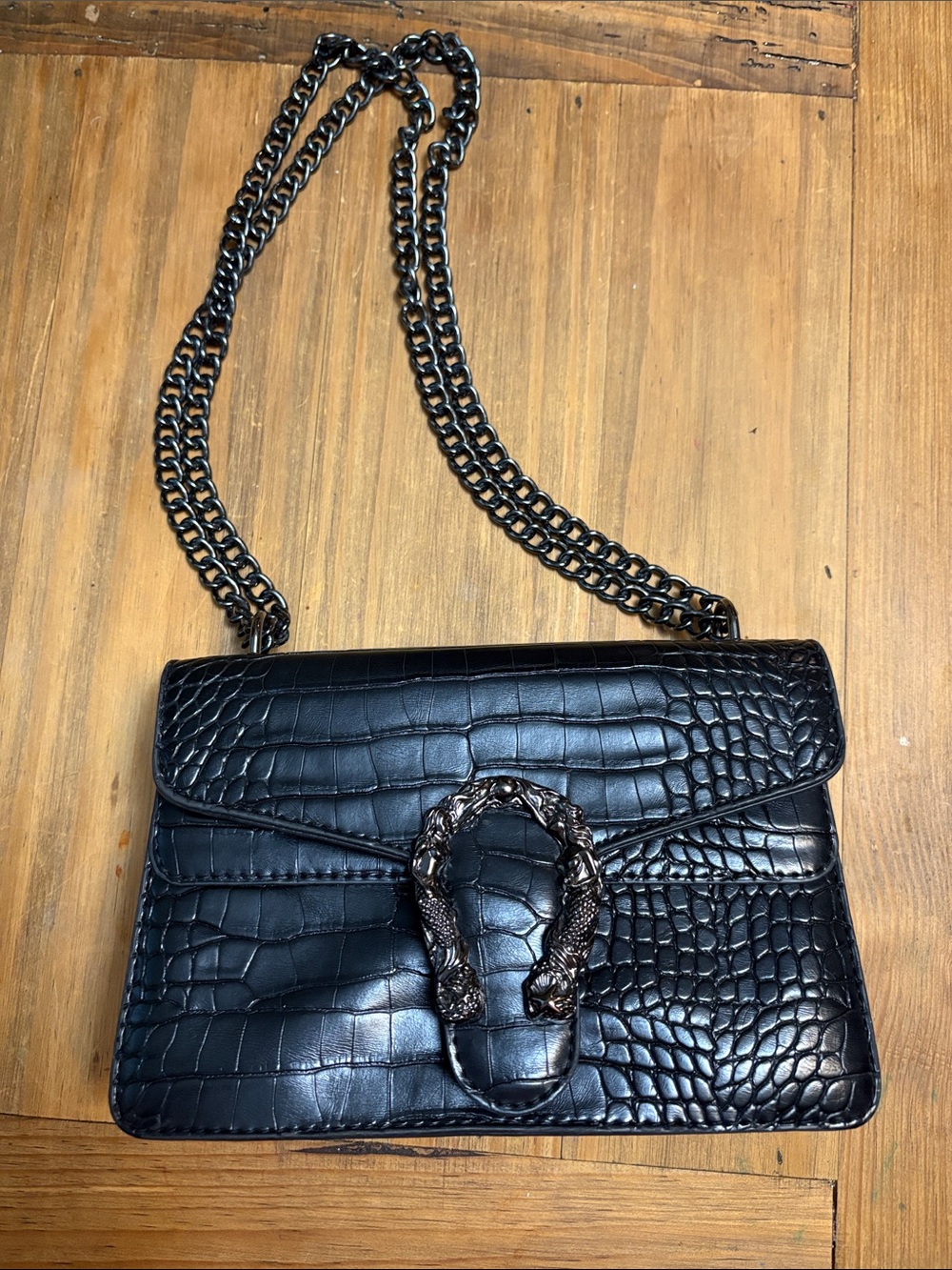 Black Croc-Embossed Shoulder Bag with Chain Strap